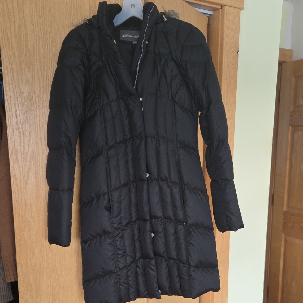 Eddie Bauer Women's Black Down Parka with Detachable Faux Fur Hood
